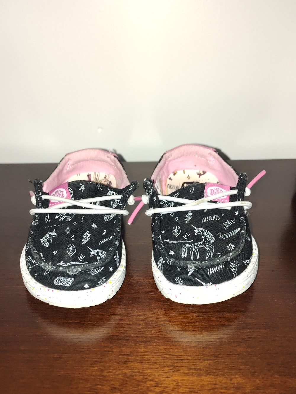 Hey Dude Black Canvas Kids Slip-On Sneakers with Pink Lining and Unicorn Print